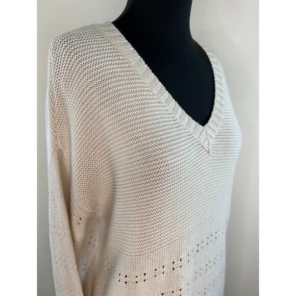 Manoukian Ivory V-Neck Relaxed Fit Long Sleeve Knit Top Sweater Medium Large M/L - Picture 3 of 9